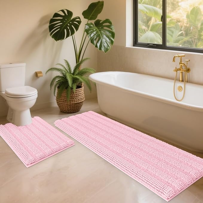 ACCUMTEK Christmas Striped Pink Toilet Bathroom Rug Mat Set 2 Piece Rug Ultra Soft, Non Slip Chenille Bath Rugs, Absorbent Plush Shaggy Bath Mats for Bathroom, Bedroom, Kitchen, Shower, Tub