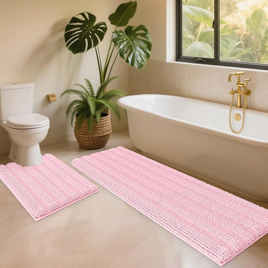 ACCUMTEK Christmas Striped Pink Toilet Bathroom Rug Mat Set 2 Piece Rug Ultra Soft, Non Slip Chenille Bath Rugs, Absorbent Plush Shaggy Bath Mats for Bathroom, Bedroom, Kitchen, Shower, Tub