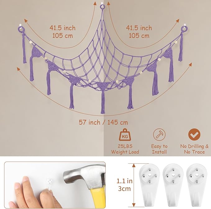 Stuffed Animal Net Hammock Corner, 57 Inch Large No Drilling Handcrafted Toy Hammock Plushie Net, Natural 100% Cotton Boho Macrame Stuffy Storage Toy Net organizer for Kid Room Nursery Decor(Purple)