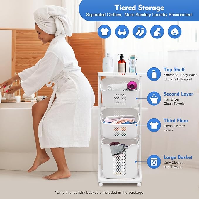 3-Tier Storage Basket Laundry Basket Rolling Cart Washing Hamper Storage Bin Shelf Multifunctional rotating laundry basket organizer Removable Clothes Laundry Basket for Kitchen Living Room