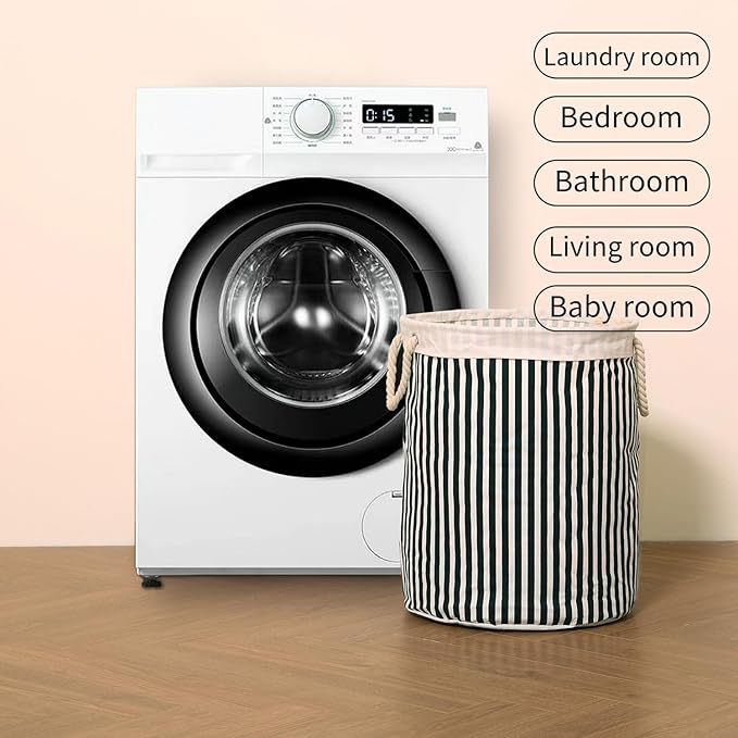 Large Storage Laundry Hamper Basket 62L with Handles for Dirty Clothes Toy Organizer Bins, Waterproof, Collapsible Laundry Hamper, Classic Stripes Pattern, Black Color, 1-Pack, Bathroom, Dorm