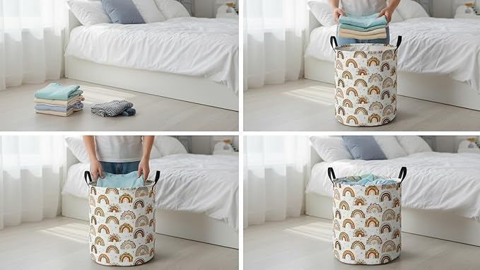 CLOCOR Round Collapsible Flat Storage Basket,Space-Saving Fabric Laundry Hamper for Clothes,Nursery Hamper,Gift Basket(Unique Rainbow)