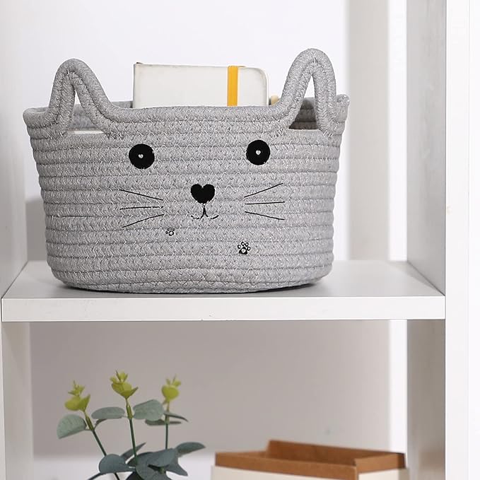 Zopeal Cat Basket Storage Woven Organizer with Ears Christmas Decorative Pet Toy Cute Cotton Rope Basket for Gift Cat Dog Toy Bin Nursery Room(8.3 x 4.7 Inch,Light Gray)