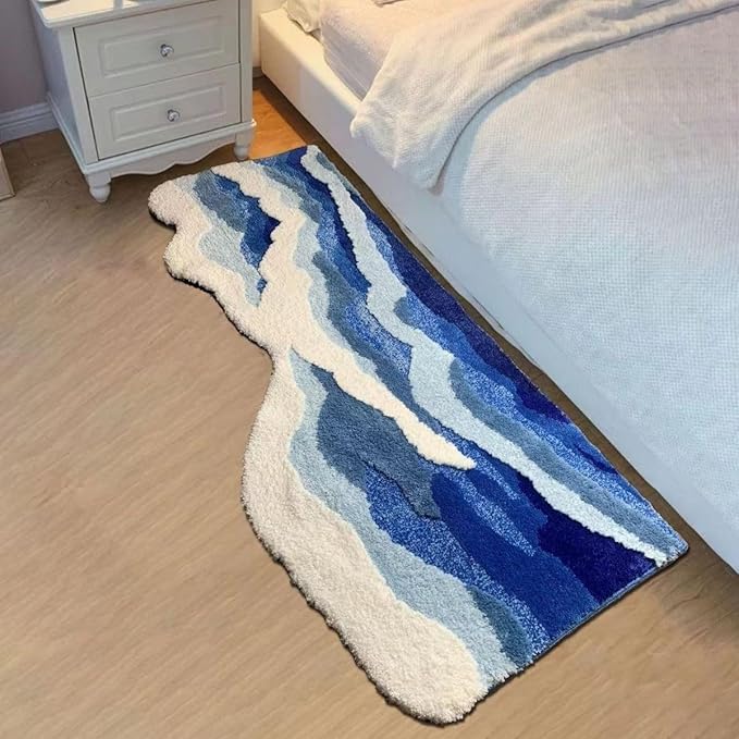 Blue 3D Ocean Wave Bath Mat, Cute Funky Bathroom Rugs,for Coastal Beach Nautical Themed Decor, Non-Slip Washable Tufted Rug for Bedroom Kitchen Runner Rug (27.6 x 63 in)