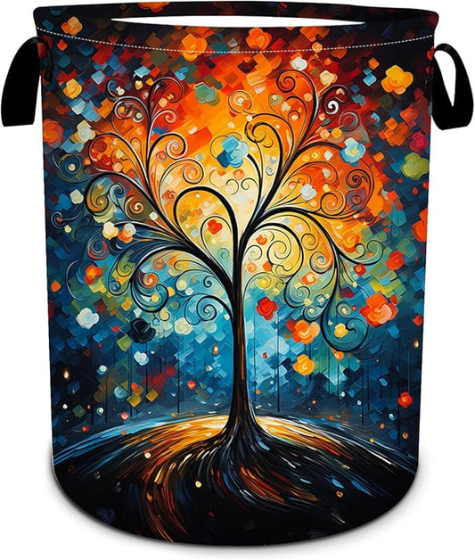 Colorful Love Tree Laundry Basket, Foldable Waterproof Oxford Cloth Spring Laundry Hamper Funny Tote Bag Dirty Clothes Storage Bucket Toy Organizer for Bathroom/Laundry/Bedroom 15.7"x19.6"