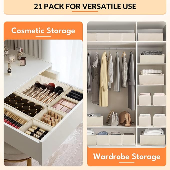 Drawer Organizer Clothes, 21 Pack Dresser Organizer for Baby Clothes, Underwear, Socks, 3 Sizes Foldable Closet Organization and Storage Bins for Nursery, Bedroom (Light Beige)