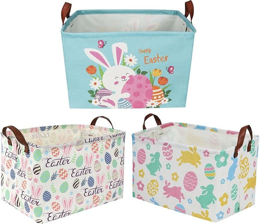 Sanjiaofeng Rectangular3Pack Easter baskets , Kids Easter Storage Bins Organizer.Boys and Girls,Easter Bunny Eggs Decor,Toys,Books,Easter Gifts . (3Pack Easter)