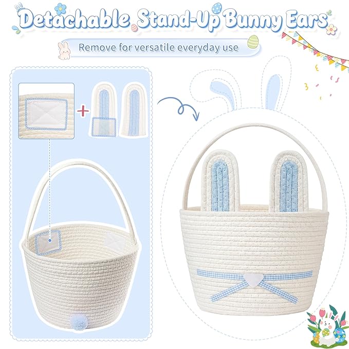 Easter Basket, Easter Bunny Basket with Removable Ears Woven Easter Egg Hunt Basket First Easter Gift Baskets Empty Easter Baskets Essentials Easter Bucket for Girls Boys Teens (Blue White)