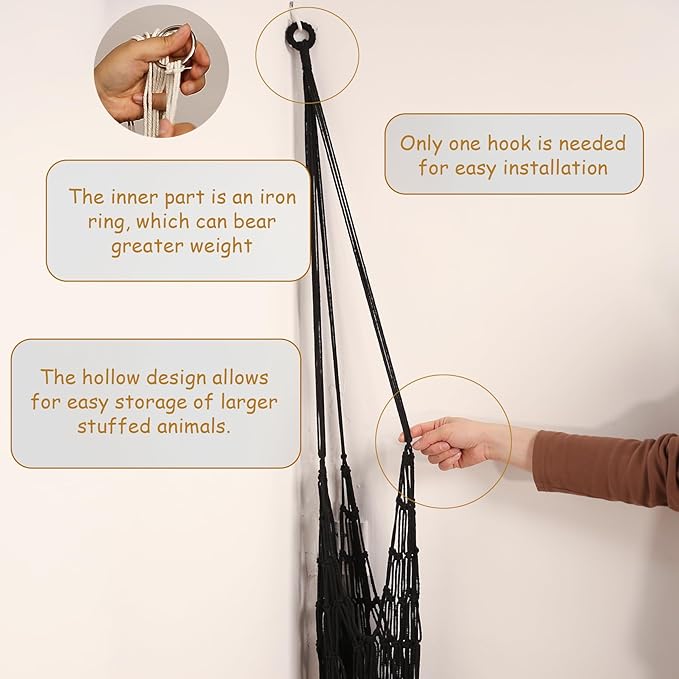 Stuffed Animal Storage Hammock Corner Hanging Net Stuffy Animal Hammock Macrame Toy Display Plush Toy Holder for Kid Bedroom Decor Boho Nursery Playroom Organizer (Black)