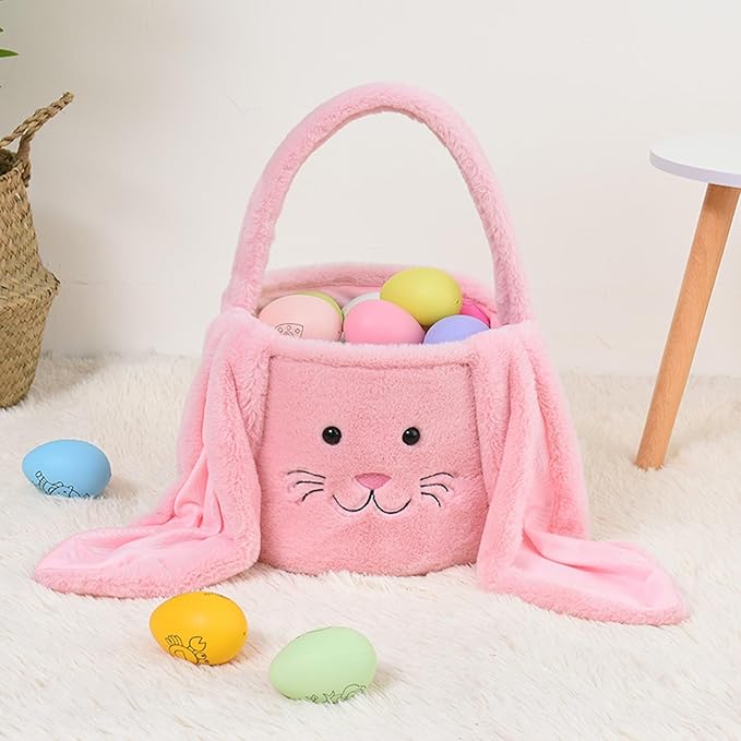 Plush Easter Bunny Basket Bags for Kids, Rabbit Bucket Tote with Long Fluffy Ears, Cute Egg Hunts Party Storage Candy Gifts Carry Bucket Decorations (Pink)