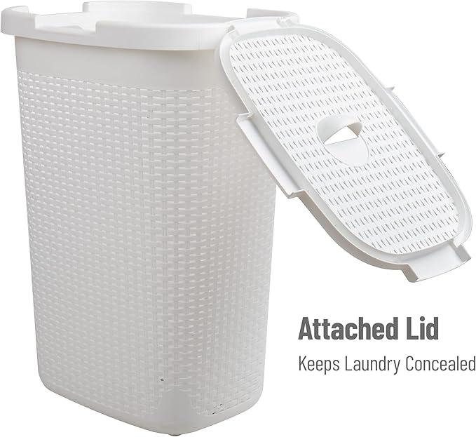 Mind Reader Slim Laundry Hamper with Lid, 60L Clothes Baskets, Premium Wicker Design, Plastic, 2-Pack, White