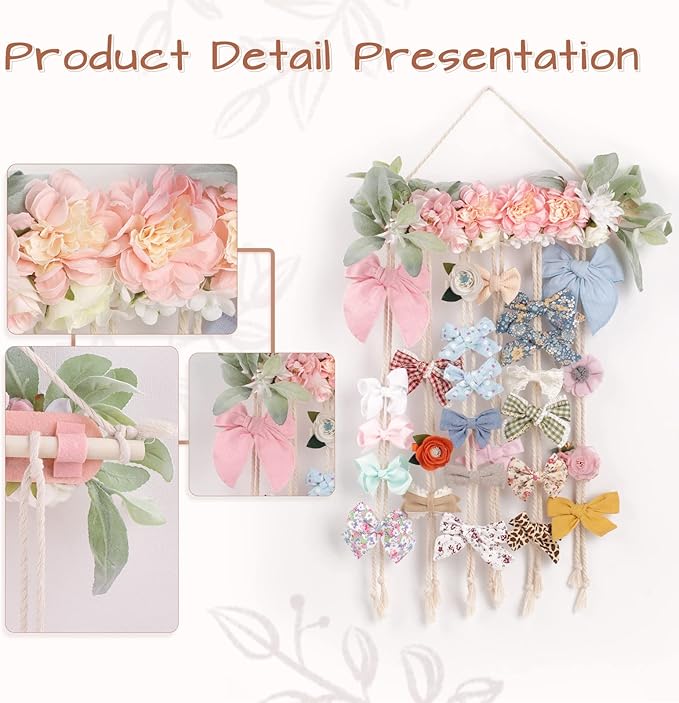 POVETIRE Bow Holder for Girls Hair Bows, Clips Hanging Organizer Baby Headband Storage Hair Accessory Display for Wall Room Baby Nursery Decors (Flower)