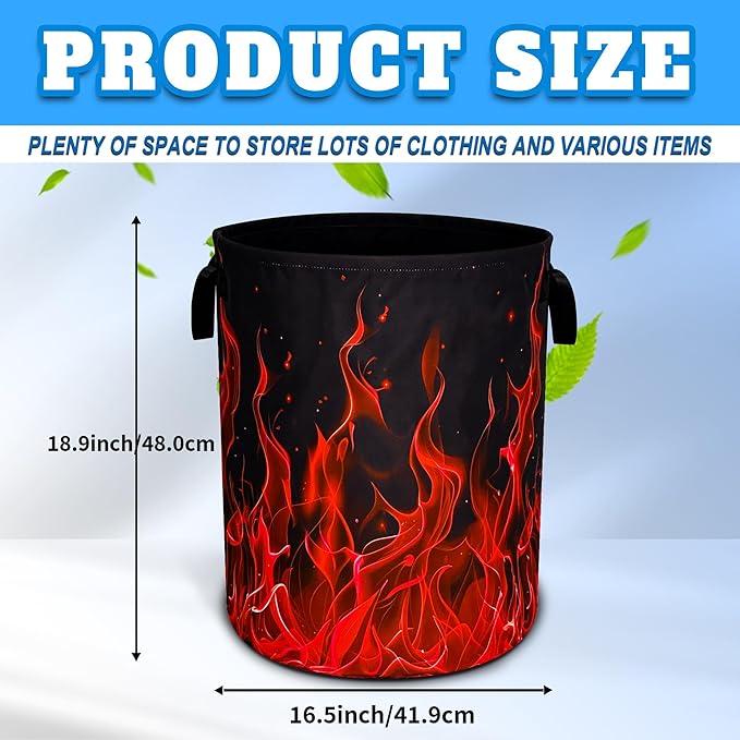 Red Flame Laundry Basket Oxford Cloth Funny Raging Fire Laundry Hamper With Handle Foldable Portable Clothes Storage Basket 18.9 X 16.5 In Storage Bag For Laundry Room/Bathroom/Bedroom/Dormitories