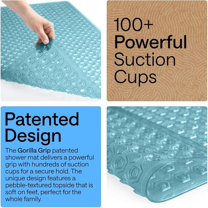 GORILLA GRIP Patented Square Shower Stall Mat, Small Bathtub Floor Mats for Stand Up Showers, Suction Cups and Drainage Holes, Machine Wash, Soft on Feet, Bathroom Accessories 21x21 Inch, Turquoise