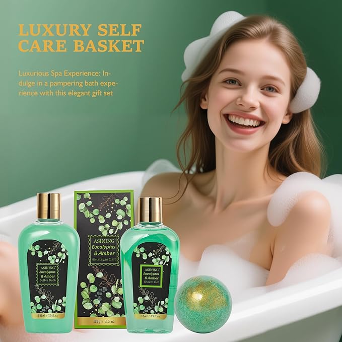 Home Spa Gift Basket, Bath Spa Kit for Women & Men, Bath & Shower Spa Gift Basket Set with Body Lotion, Shower Gel, Bubble Bath, Bath Bomb, Bath Gift Set for Mother, Wife Her, Eucalyptus & Amber Scent