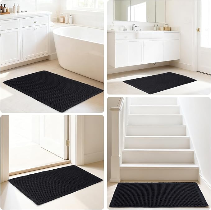 Hiasan Waffle Bath Mat, Super Absorbent Non Slip Bathroom Boho Rug with Tassels, Machine Washable Bath Mats for Bathroom, Ultra Soft Rubber Backed Rug, Black, 16 x 24 Inches