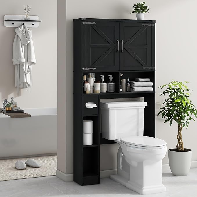 Vabches Over The Toilet Storage Cabinet, Farmhouse Storage Cabinet Over Toilet with 2 Barn Doors && Toilet Paper Holder Stand，Home Space-Saving Toilet Rack, for Laundry, Restroom, Bathroom.Pure Black