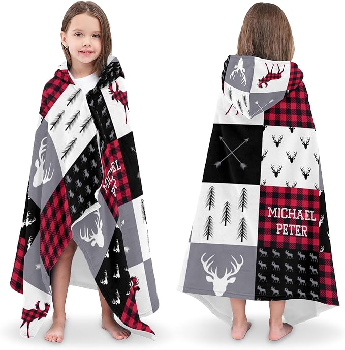 Hooded Towel for 3-12 Years Boys Girls Kids Buffalo Plaid Deer Woodland Bath Pool Beach Towel Wrap Extra Large Soft Absorbent Beach Poncho