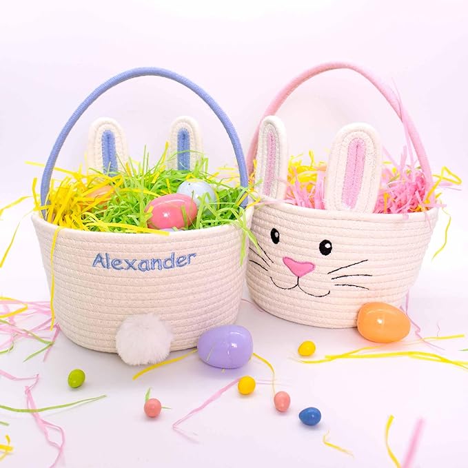 Personalized Easter Bunny Rope Basket (Blue)