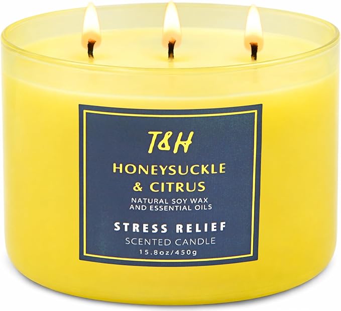 Honeysuckle Citrus 3 Wick Candle for Home Scented | 15.8 oz Large Soy Candle | Lemon Citrus Floral Scented Candle Strong | Aromatherapy Stress Relief Relaxation Candles | Gift for Women & Men