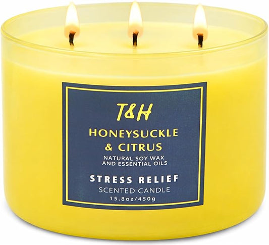 Honeysuckle Citrus 3 Wick Candle for Home Scented | 15.8 oz Large Soy Candle | Lemon Citrus Floral Scented Candle Strong | Aromatherapy Stress Relief Relaxation Candles | Gift for Women & Men