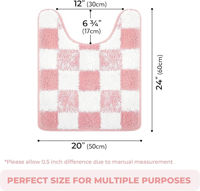 GRANNY SAYS Toilet Rugs U Shaped Washable Non Slip, Toilet Mats for Bathroom Soft Plush Shaggy Absorbent, Microfiber Bath Mats for Bathroom Toilets Cute Decor, 20" x 24", Checkered Pink