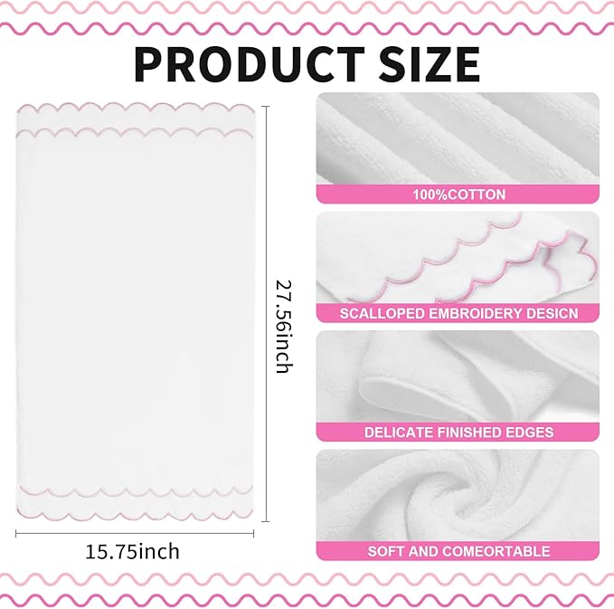 100% Cotton Hand Towels for Bathroom 2 Pcs Scalloped Hand Towels 16 * 27 Inch Embroidered Decorative 600 GSM Soft Absorbent Bath Towel for Spa Yoga Hotel Sport (Pink)