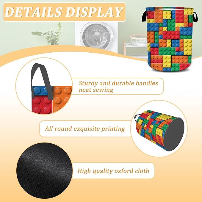 Colorful Building Blocks Laundry Basket, Bricks Laundry Hamper, Oxford Waterproof Foldable Clothes Storage Bin, Toy Organizer Basket for Bathroom/Household/College Dorms 15.7"x19.6"