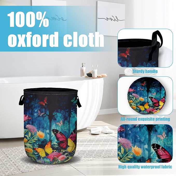 Spring Flower Butterfly Laundry Basket, Laundry Hamper Collapsible Oxford Cloth with Handle Clothes Toy Storage Bin for Bathroom Laundry Room Bedroom 15.7 X 20 Inch