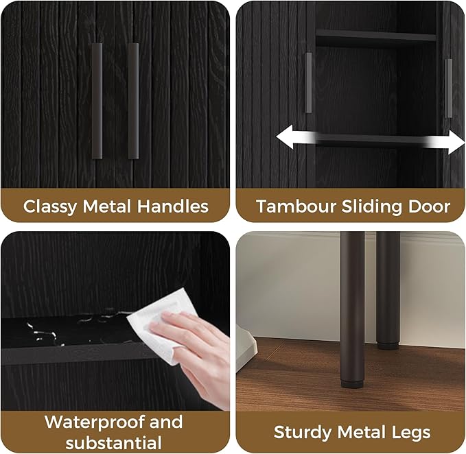 Over The Toilet Storage Cabinet with 2 Sliding Door, Adjustable Shelf Bathroom Organizers and Storage with Anti-Tip Device, Waterproof, Space Saver for Bathroom, Restroom, Laundry, Black
