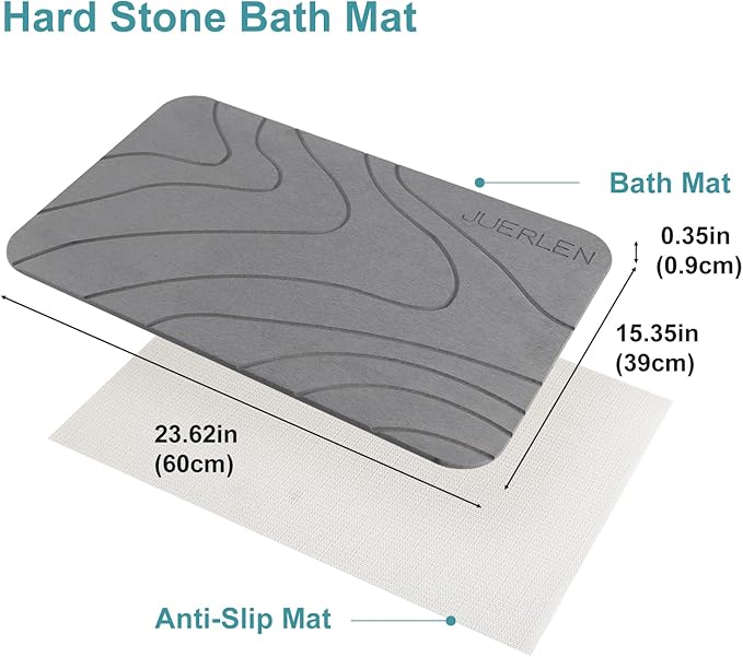 2 Pack Diatomaceous Earth Shower Mat, Stone Bath Mat, Nonslip Super Absorbent Fast-Drying Hard Bath Mat for Bathroom Shower Floor, 24 x 16 inch, Grey Wave Design