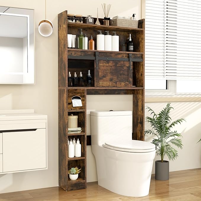 Tangkula Over The Toilet Storage Cabinet, Farmhouse Freestanding Above Toilet Rack w/Sliding Barn Door, Adjustable Shelves, Toilet Paper Holder, 2 Hooks, Bathroom Space Saver (Retro, Rustic Brown)