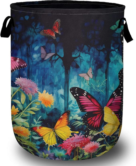 Spring Flower Butterfly Laundry Basket, Laundry Hamper Collapsible Oxford Cloth with Handle Clothes Toy Storage Bin for Bathroom Laundry Room Bedroom 15.7 X 20 Inch