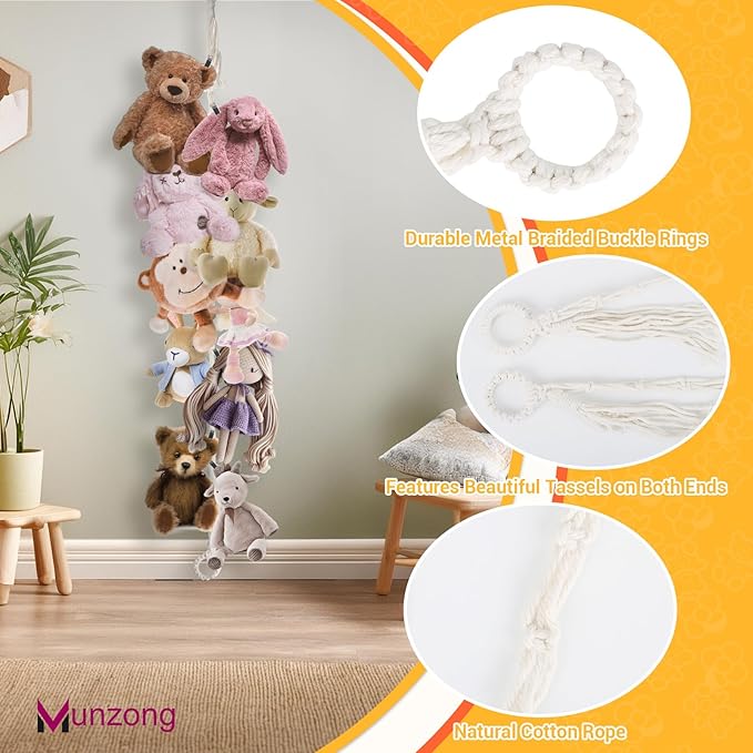 Munzong 80" Beige Hanging Stuffed Animal Storage Chain, Cotton Stuffed Animal Display Holder Plush Qrganizer with 20 Metal Clips for Nursery Room Corner Wall Decor Play Room
