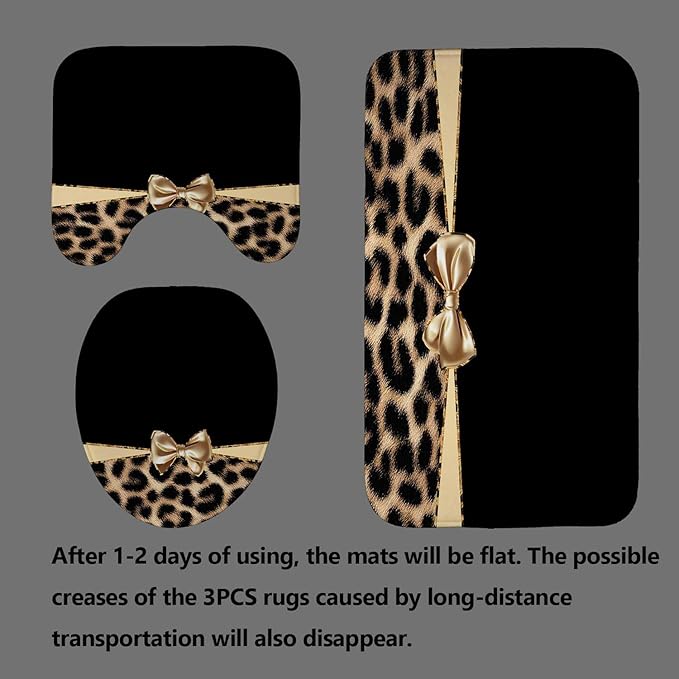 4PCS Leopard Print Shower Curtain Sets With Rugs, Waterproof Fabric Black Shower Curtain, Girly Golden Ribbon Bow Bowknot Cat Cheetah Print Safari Animal Skin Modern Women Girls Bathroom Decor
