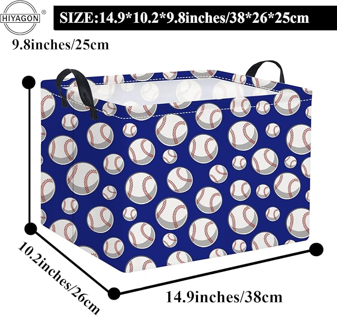 HIYAGON Rectangular Baseball Toy Storage Bin Organizer Box - Kids Gift Basket (Blue Baseball)