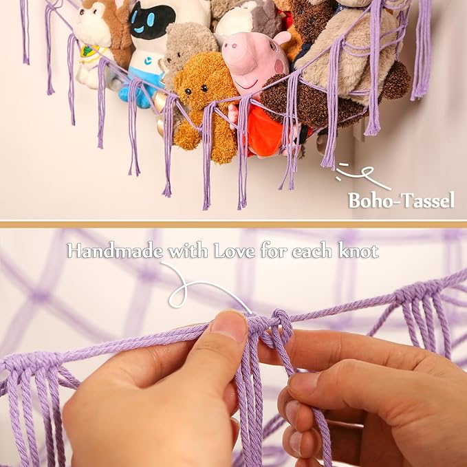 Stuffed Animals Hammock Corner Hanging Net for Macrame Stuffed Animal Storage Plush Toy Holder Toy Organizer for Boho Nursery Playroom Bedroom (purple, Large)
