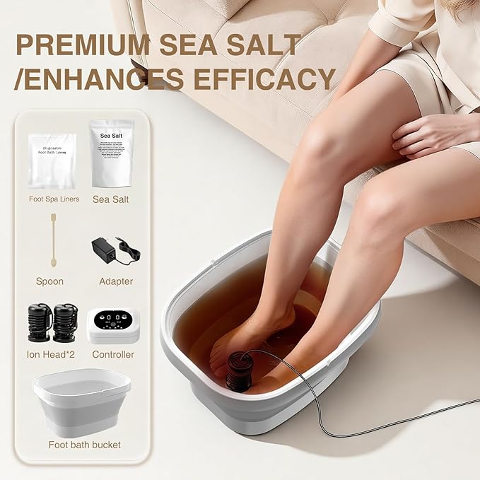 Ionic Foot Bath Detox Machine,Foot Detox Foot Bath Soak Tub with 2 Arrays,80 Disposable Liners,Detox Sea Salt,Folding Foot Spa Bucket,Home Salon-Level Foot Soaking Tub