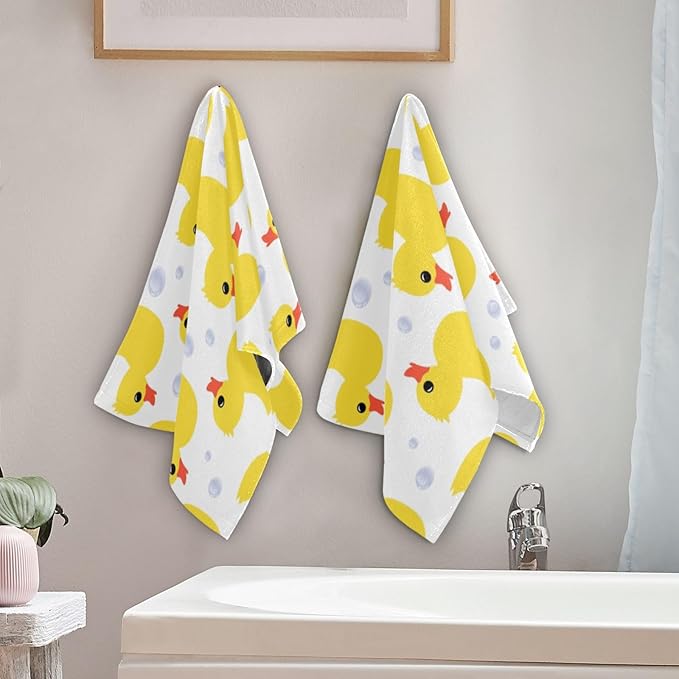 2 Pack Yellow Ducks Hand Towels for Bathroom,Soft Absorbent Summer Cute Animal Ducky Kitchen Towels,Decorative Duck Themed Gift Yellow White Bathroom Towels for Face,Shower,Guest,Gym 14"x28"