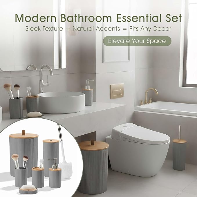 6-Piece Bathroom Set – Includes Toilet Brush, Trash Can & Soap Dispenser, Creating a Tidy and Coordinated Bathroom Space in One Stop，Round-Gray