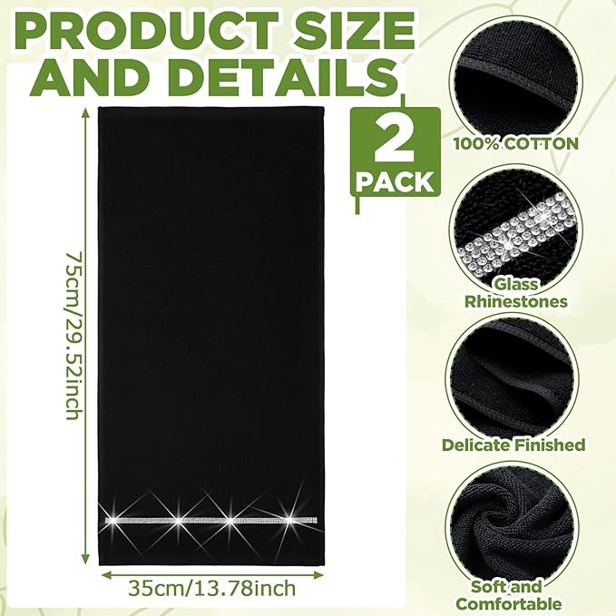 2 Pcs Black Sparkling Hand Towels with Rhinestones for Bathroom 100% Cotton Glitter Soft Elegant Hand Bath Towels Absorbent Machine Washable for Spa Yoga Hotel Sport, 29.5" x 13.8"