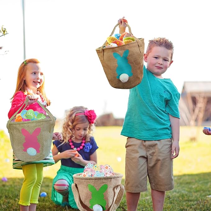 3Pcs Easter Bunny Basket for Kids - Burlap Carrying with Two Handles Gift and Eggs Hunt Bag, Fluffy Tails Printed Rabbit Toys Bucket Tote Basket Bags for Girls & Boys (Green, Blue, Pink)
