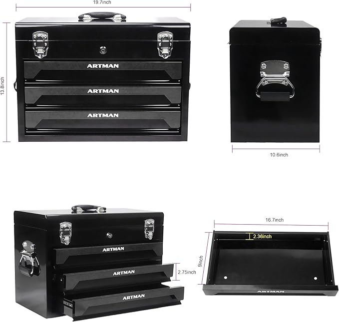 20" Portable 3 Drawer Steel Toolbox,Built in Tool Set,4 Layers of Tools with Metal Latches, with Top Storage Tray and carrying Handle, Multi-Function Tool Storage for Garage, Home,or Workbench