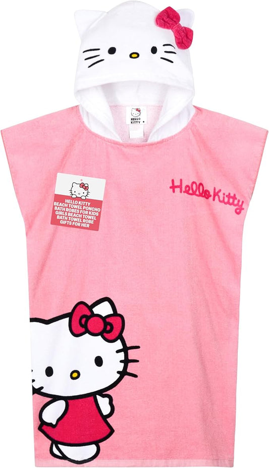 Hello Kitty Beach Towel with Hood for Girls Cinnamoroll Kuromi Kids Poncho Bath Towels Kawaii Beach Accessories Travel Essentials Girls Gifts (Pink Poncho Hello Kitty, 10-14 Years)