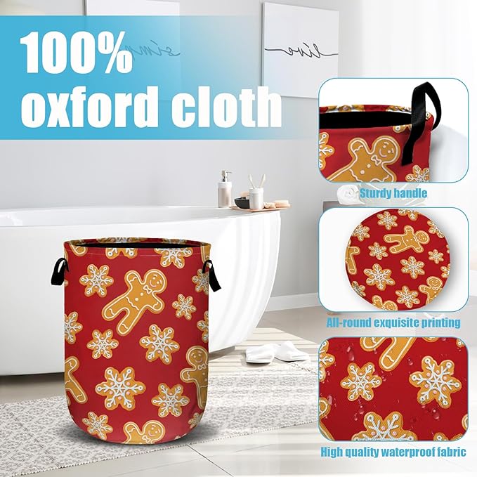 Red Gingersnap Laundry Basket, Christmas Laundry Hamper Collapsible Oxford Cloth with Handle Clothes Toy Storage Bin for Bathroom Laundry Room Bedroom 15.7 X 20 Inch