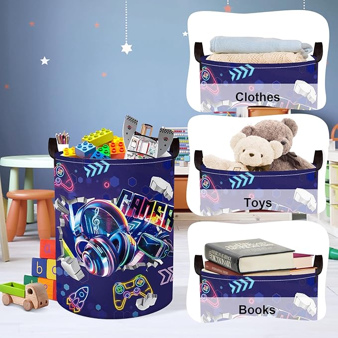 Clastyle Cool Game Storage Basket Kid Game Controller Clothes Laundry Hamper Collapsible Boy Toy Box for Nursery Palyroom,3D Purple,36 * 45 cm