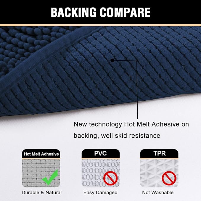 H.VERSAILTEX Navy Blue Bath Rug, Bath Mat Non Slip Bath Mats for Bathroom Floor, Bathroom Rug Extra Thick Chenille Rug 17" x 24" Absorbent Soft Shaggy Washable Dry Fast Plush Rugs for Bathtubs