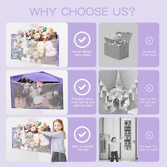 ANROYE Large Corner Stuffed Animal Storage, Kids Plushies Toy Purple Wall Hammock for Girls Room, Baby Squishmallow Holder for Nursery, Organizer Idea for Bear Hanging Display Boy Gift