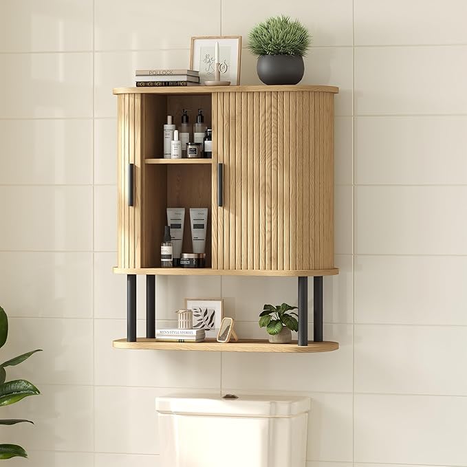 Bathroom Wall Cabinet, Over The Toilet Cabinet with Sliding Doors and Adjustable Shelf, Space Saver, Wall Mounted Medicine Cabinet for Laundry Room & Kitchen & Living Room, Natural