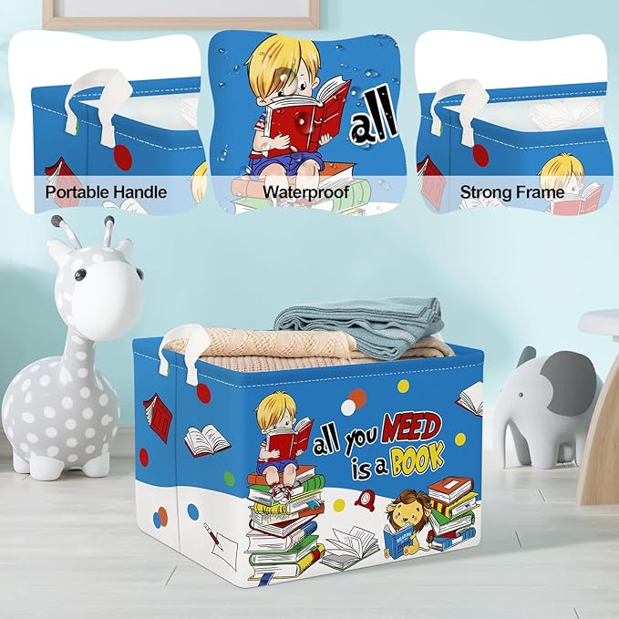 Clastyle Rectangular Animal Reading Book Basket for Kid Dr Quotes Back To School Classroom Kid Gifts Storage Nursery Room Decor Blue Baby Basket for Boys and Girls Cute Toy Storage Organizer Bin Box